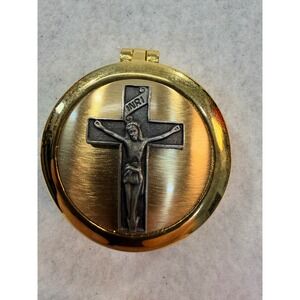 Vintage Camco Gold Tone Crucifix Pill Box Religious INRI Cross Round Hinged Case